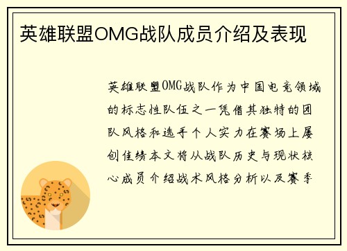 英雄联盟OMG战队成员介绍及表现