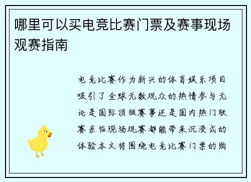 哪里可以买电竞比赛门票及赛事现场观赛指南