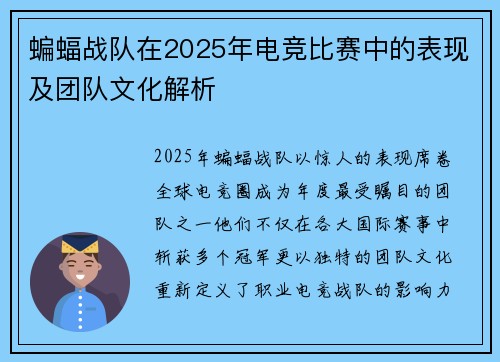 蝙蝠战队在2025年电竞比赛中的表现及团队文化解析