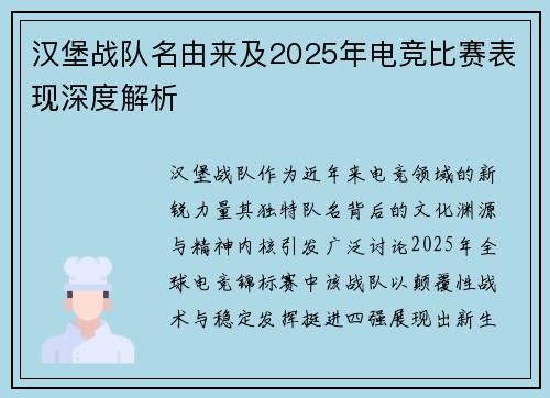 汉堡战队名由来及2025年电竞比赛表现深度解析